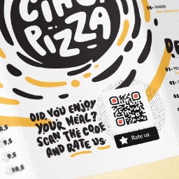 Example usage of a QR Code to rate a restaurant’s food and service.