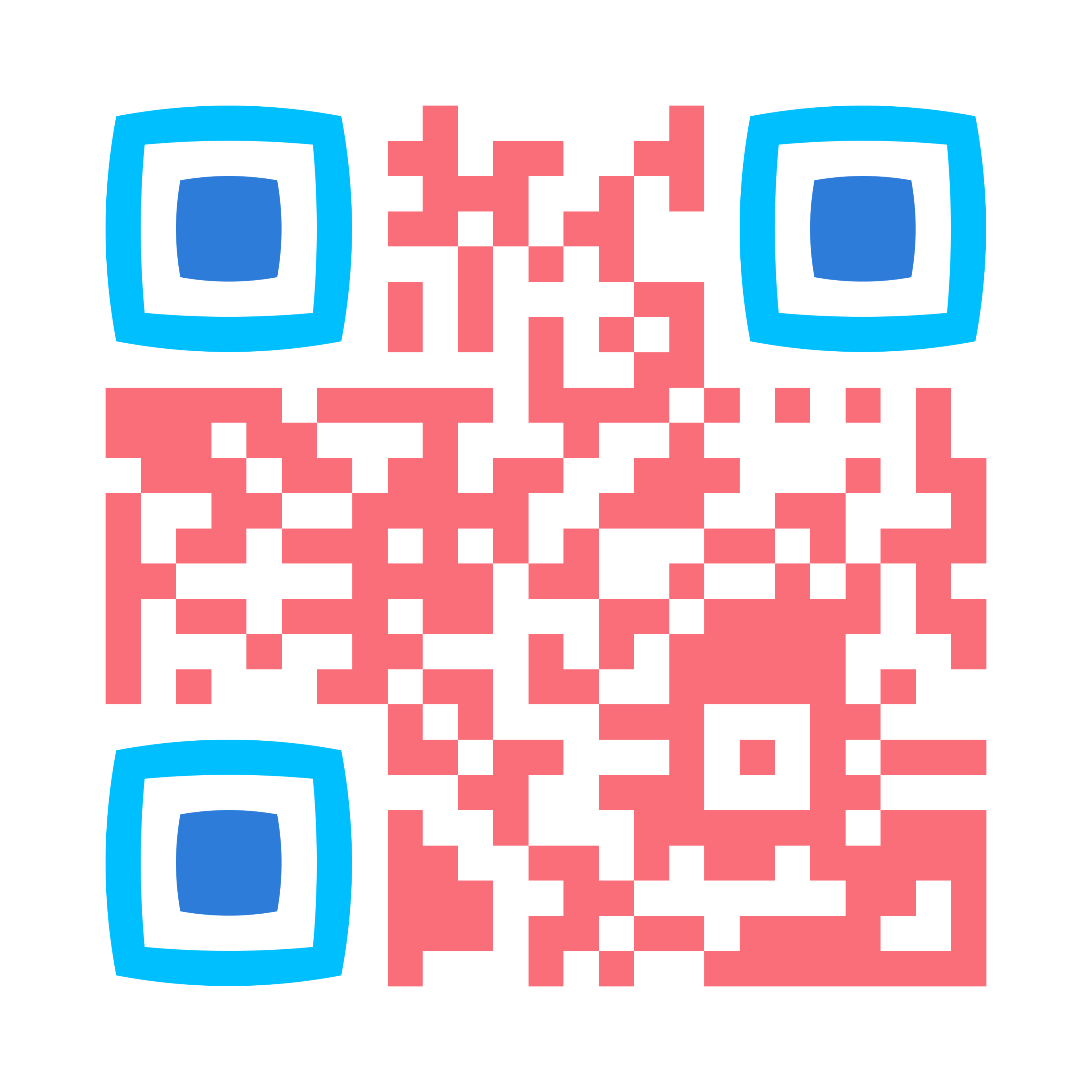 Custom QR Code in pink with light blue outer markers and dark blue inner markers.