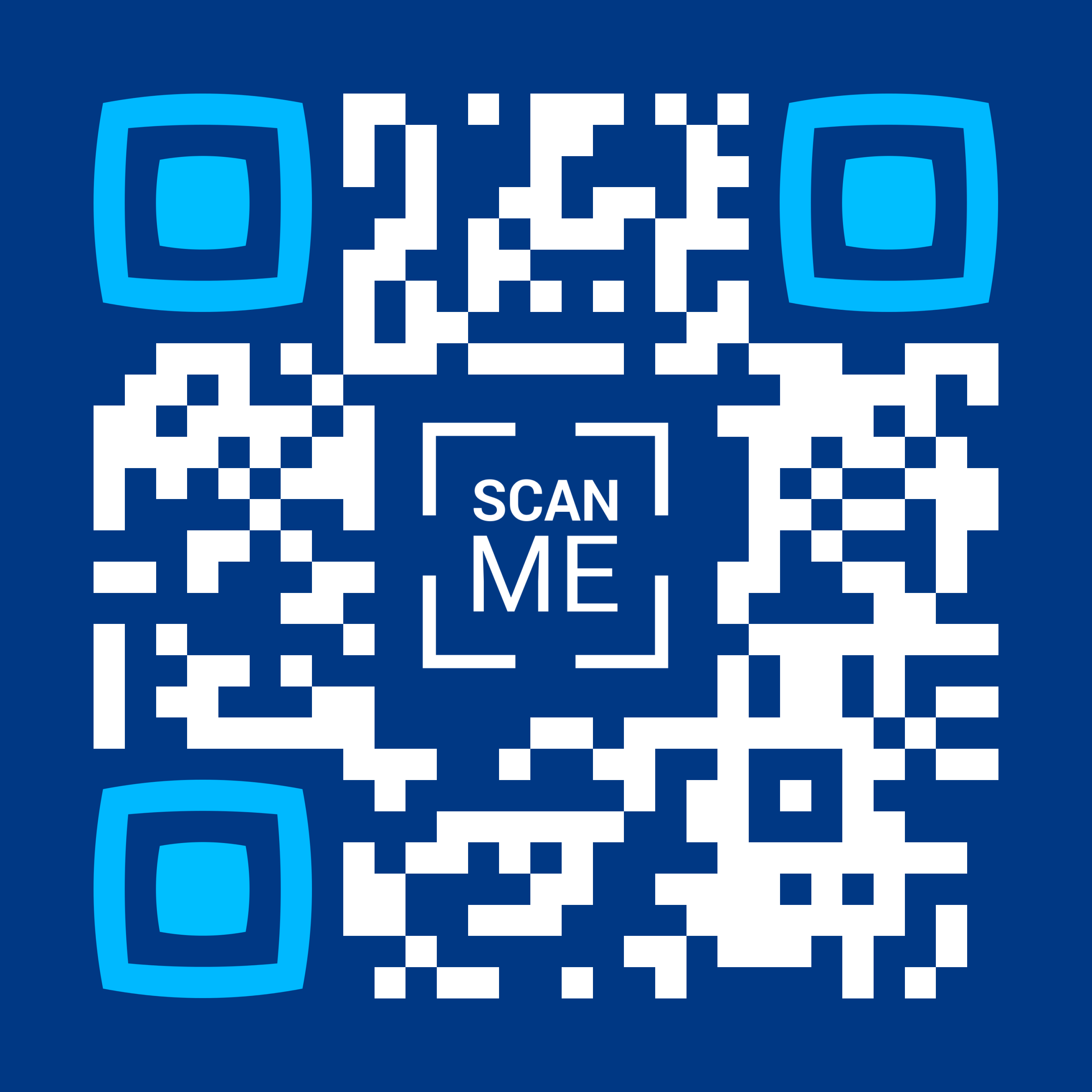 Custom QR Code in white with dark blue background and light blue markers and a ‘scan me’ icon in the center.