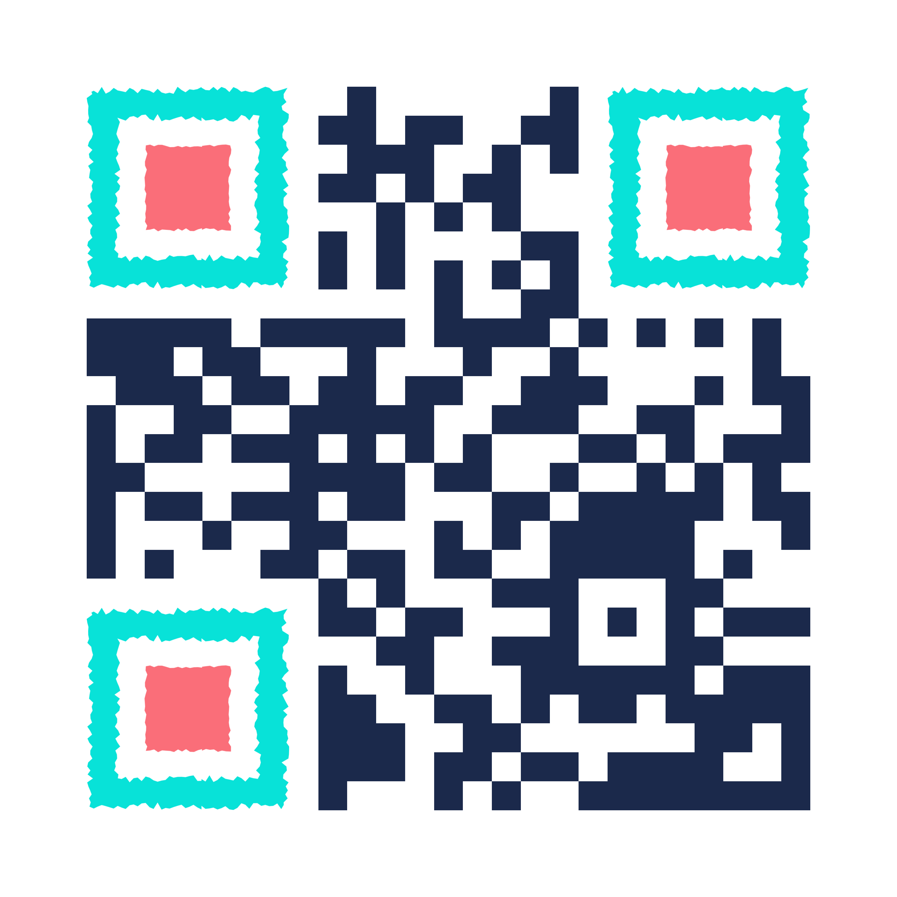 Custom QR Code in dark blue with light green outer markers and pink inner markers.