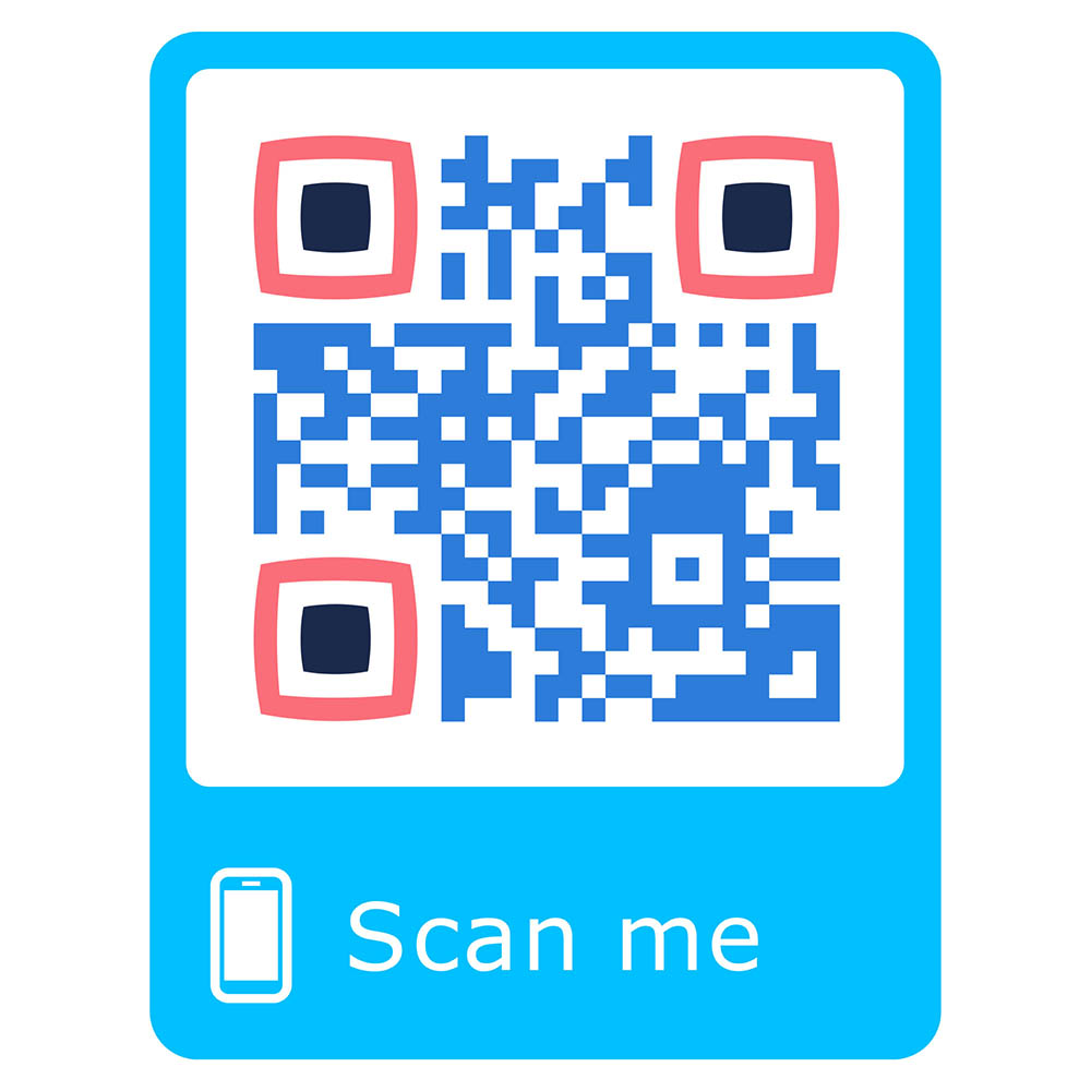 Custom QR Code in deep blue with pink outer markers and dark blue inner markers in a light blue ‘scan me’ frame.
