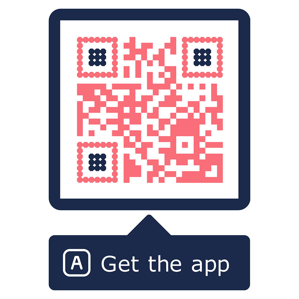 Custom QR Code in pink with deep blue inner markers in a dark-colored ‘get the app’ frame.