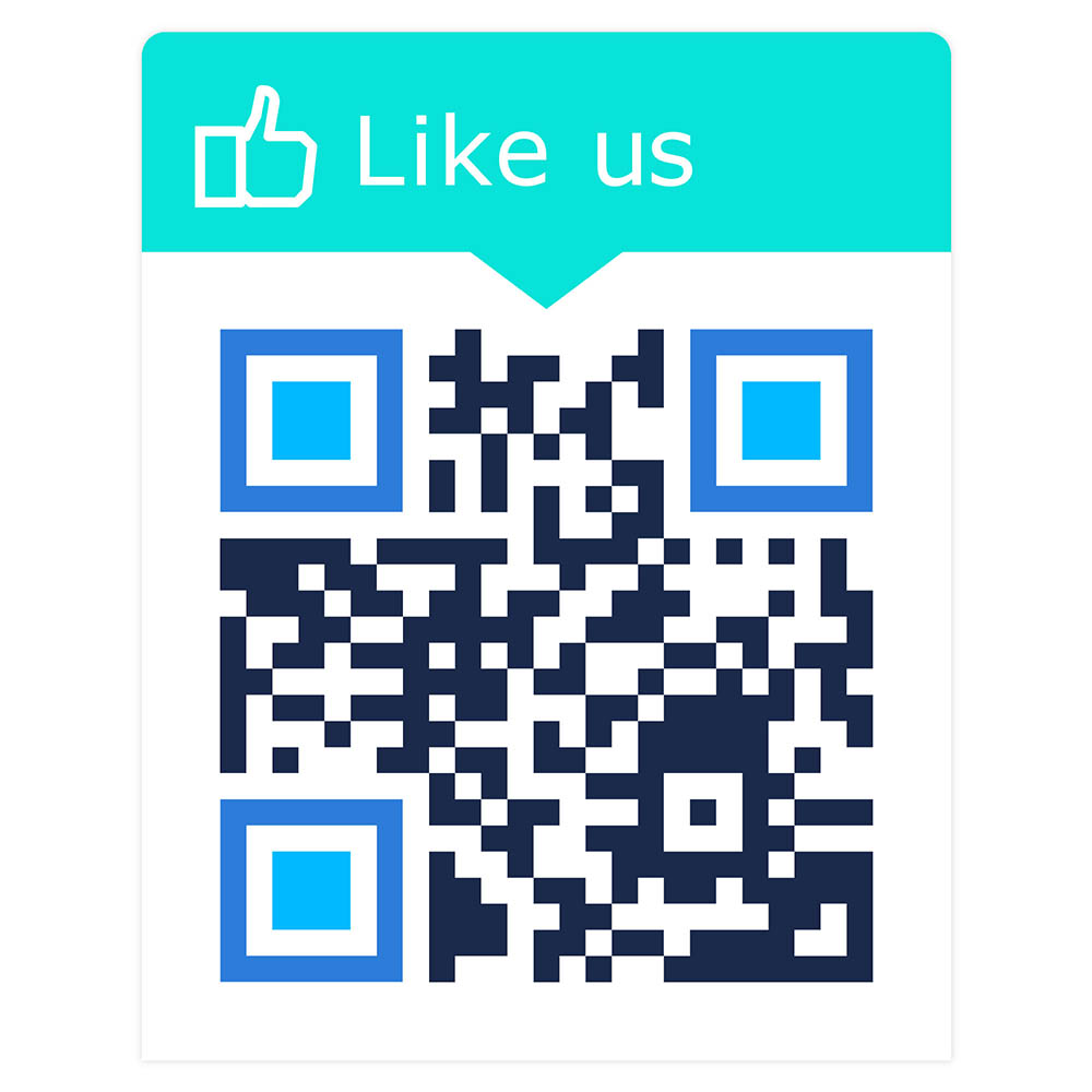 Custom QR Code in deep blue with blue inner and outer markers in a green ‘like us’ frame.