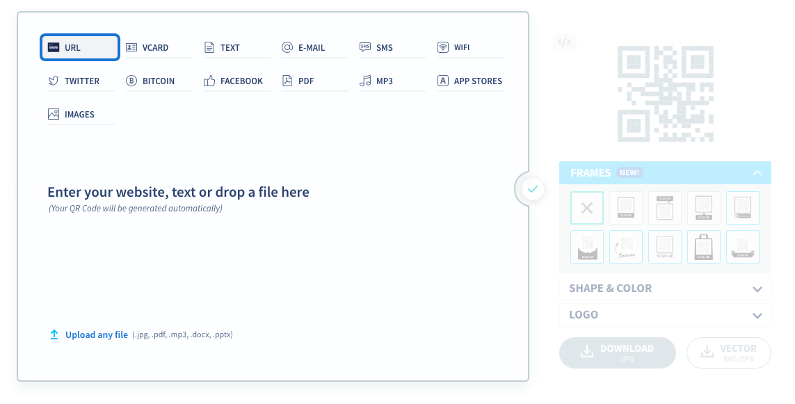 First, choose URL in the QR Code selection tab