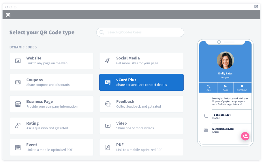 First, select your QR Code type and enter all the necessary details