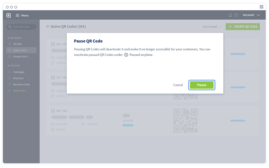 A pop-up window confirming if you want to pause your QR Code.