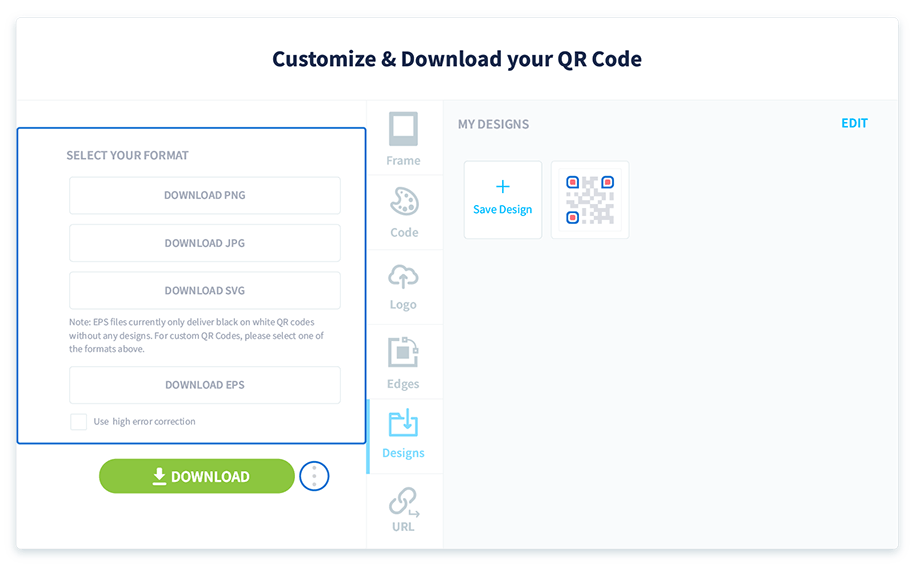 Choose which format you’d like to download the QR Code in