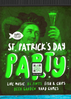 QR Code on a St. Patrick's Day Party poster ad prompting people to scan to save the date.