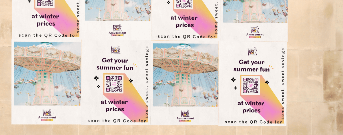 QR Code on an amusement park poster ad prompting people to scan for pricing information.