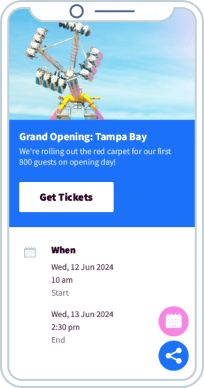 Event and ticket information on a mobile-friendly landing page for an amusement park grand opening.