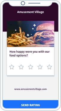 Food options rating/feedback for Amusement Village on a mobile-friendly landing page.