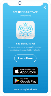 A QR Code landing page of a city’s app with buttons to download the app via Apple App Store and Google Play Store.