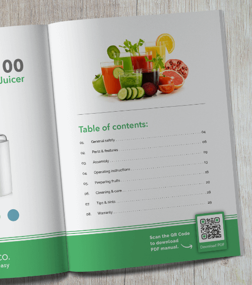 A product manual with a QR Code that provides users with a PDF version of the manual when scanned.