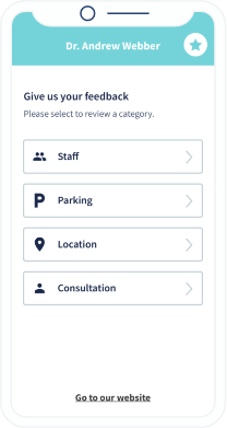 Feedback categories for Dr. Andrew Webber asking for review on staff, parking, location and consultation