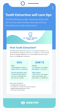 Landing page and download option for a PDF about a patient’s first tooth extraction and do’s and don’ts after the treatment