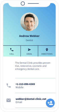 Landing page for the vCard of Dr. Andrew Webber with contact information of the dental clinic