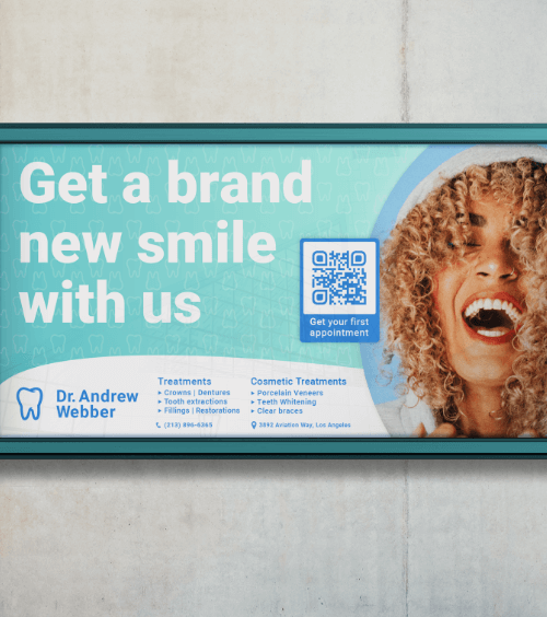 Poster for Dr. Andrew Webber’s dental clinic outside of a building, including a QR Code with a custom frame