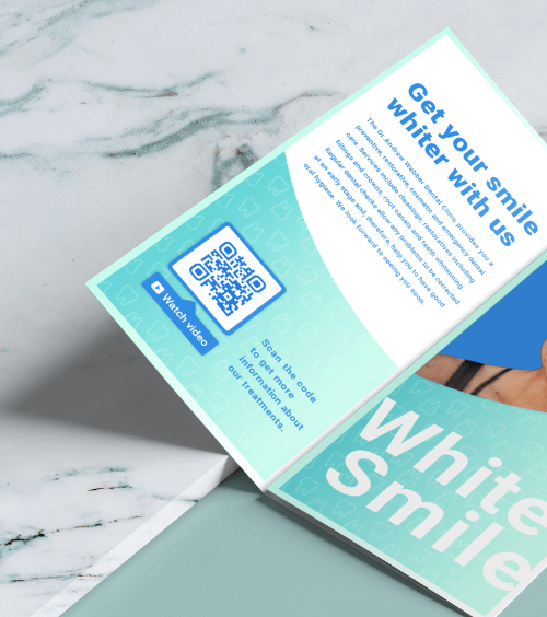 Brochure with information about tooth whitening including a QR Code with a “Watch Video” frame