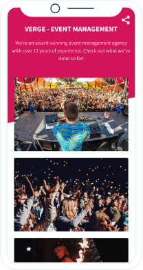 A QR Code landing page showcasing event photos with a button to book the event management company.