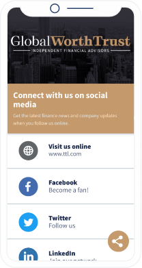 A QR Code landing page that lists all the social media channels of a financial advisory company.