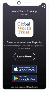 A QR Code landing page of a financial advisory company’s app downloadable via Apple App Store and Google Play Store.