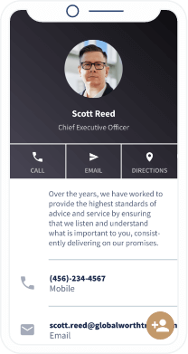 A QR Code landing page of a financial advisory company’s CEO with detailed contact info and a save to address book button.