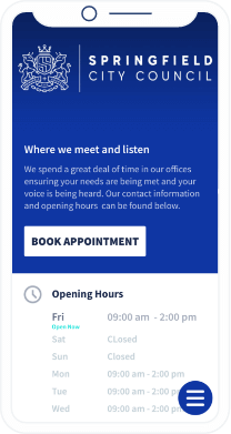 A QR Code landing page of a government office that contains information such as operational hours, contact details, website URL, and social media.