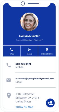 A QR Code landing page that contains business contact information such as phone number, email address, and office address.