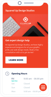 A QR Code landing page that displays a design studio's business info