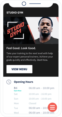 A QR Code landing page that displays a gym’s information such as opening hours, location, contact details, and website URL.