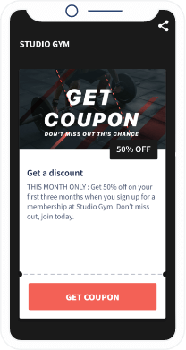 A QR Code landing page from a gym that offers a discount coupon to attract new members.