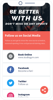 A QR Code landing page that displays a gym’s social media channels such as Facebook, Instagram, Twitter, and website URL.