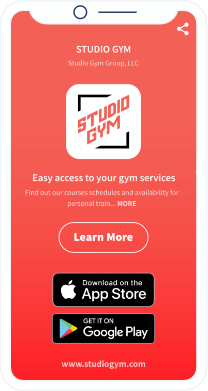 A QR Code landing page that promotes an app from a gym with Apple App Store and Google Play store buttons.