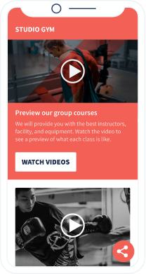 A QR Code landing page that displays a video playlist of group fitness courses at a gym.