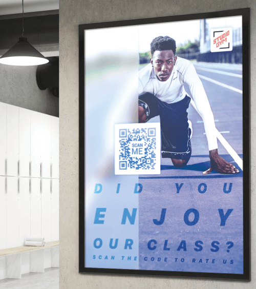 A poster in a gym with a QR Code that urges users to leave a rating or feedback.