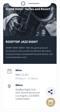 A QR Code landing page that displays hotel event details with a button that saves all information directly to a smartphone calendar.
