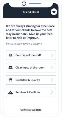 A QR Code landing page of a hotel with a feedback form for guests to rate different categories during their stay.