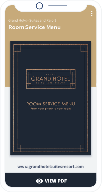 A QR Code landing page that displays a room service menu for a hotel in PDF format.