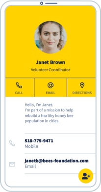 A mobile QR Code landing page that displays contact details that include a short profile summary, phone number, and email address.