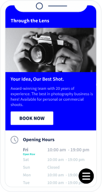 A QR Code landing page with detailed business information about a photography studio.