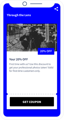 A QR Code landing page with a discount coupon to be redeemed at a photography studio.
