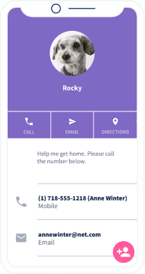 Landing page with contact information of a dog’s owner and an individualized text