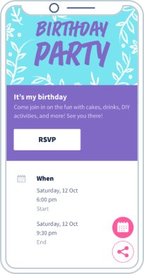 Landing page with all the information including time, date and address for a birthday party