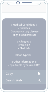 Landing page with information about medical conditions, allergies and other medical information of a young woman