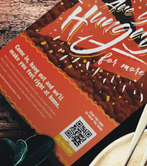 A restaurant takeout menu with a QR Code that displays a PDF version of the menu when scanned.
