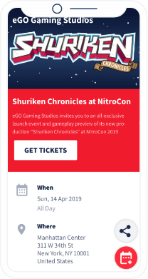 A QR Code landing page for a new game launch event details and a button that saves the information to a smartphone calendar directly.