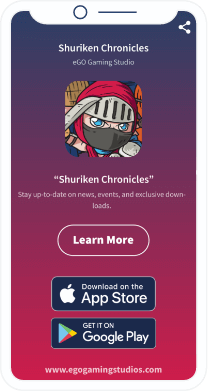 A QR Code landing page that displays a gaming application with download buttons from Apple App Store or Google Play Store.