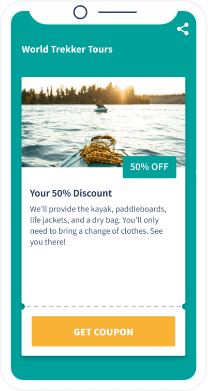 A landing page that displays a 50 percent coupon for river kayaking beginners course