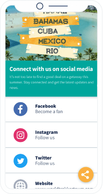 A custom landing page of World Trekker Tours that displays “follow us” buttons from Facebook, Instagram, Twitter, and a website URL