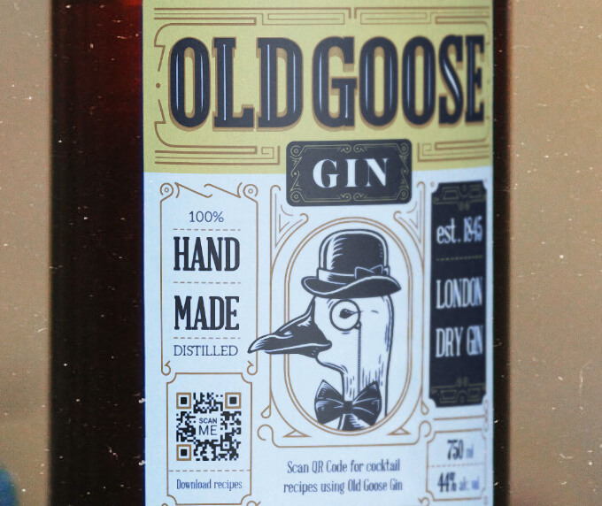 A bottle of gin with a QR Code on the label that contains cocktail recipes in a downloadable PDF file.